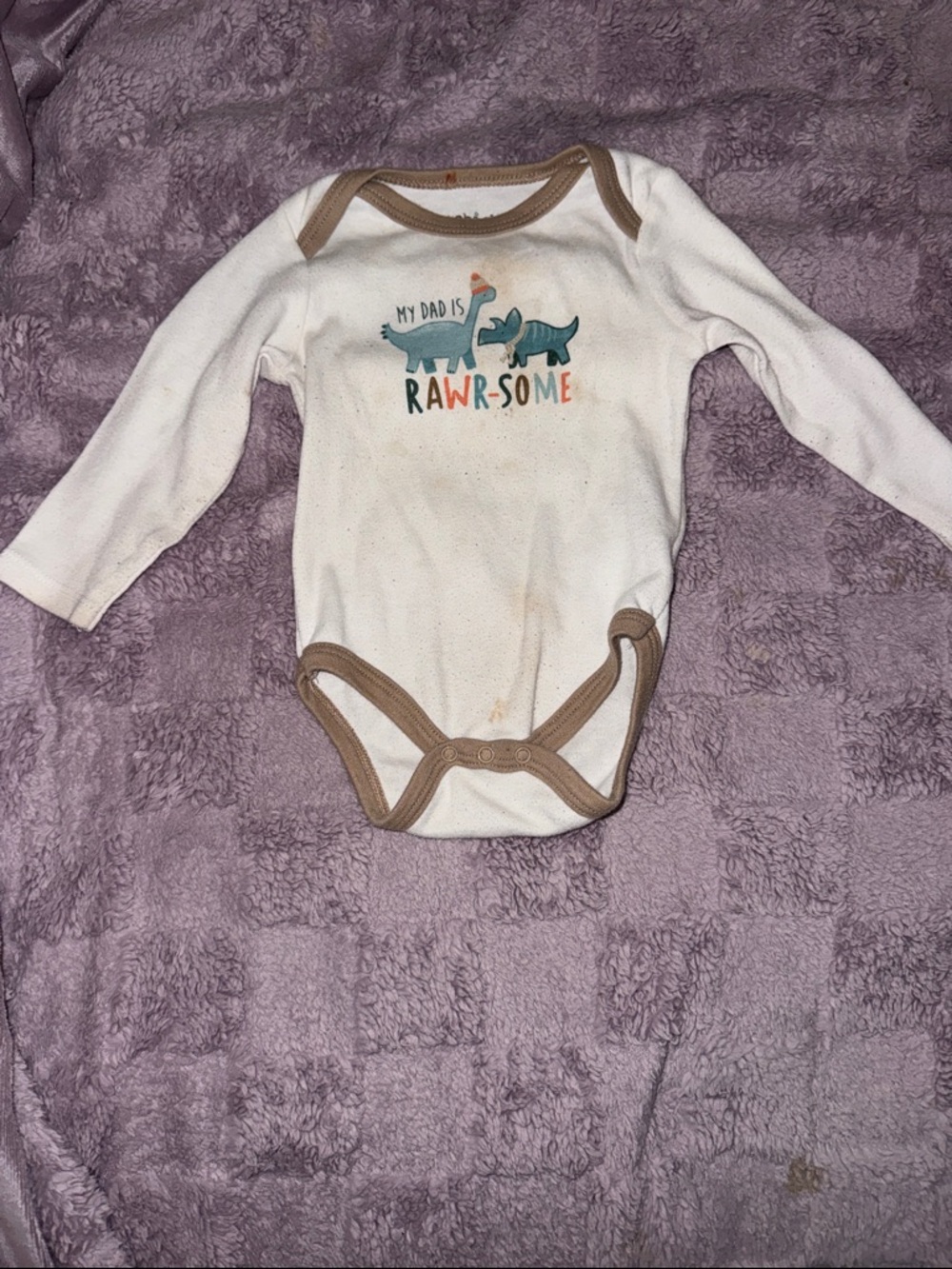 chick pea White Long-Sleeve Bodysuit with Brown Trim and Teal Dinosaur Graphics
